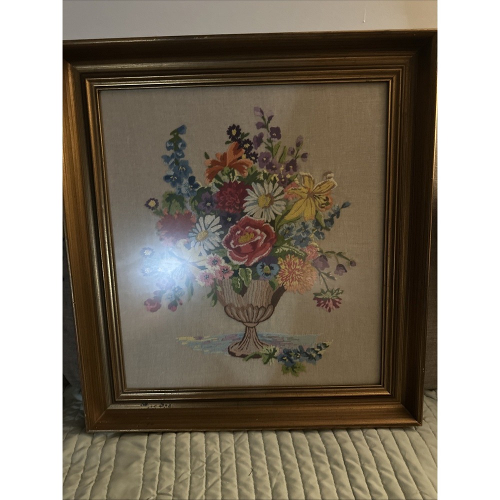 Vintage Large Crewel Floral Embroidery Framed Gilded Frame